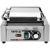 Grill kontaktowy pojedynczy o mocy 1,8kW marki YATO YG-04555.
Grill YATO jest urządzeniem niezbędnym na każdej kuchni. Przeznaczony jest do szybkiego przygotowywania hamburgerów, mięs, ryb, tortili, tostów czy warzyw.
Żeliwna płyta grillowa o wymiarach 230x225mm, ryflowana na górze i dole, pozwala na jednoczesne obustronne smażenie wielu produktów.
Grzałka o mocy 1,8kW sterowana jest za pomocą potencjometru umieszczonego na płycie frontowej. Możliwe jest ustawienie temperatury pracy w zakresie 50~300°C. Zainstalowany bryzgoszczelny wyłącznik pozwala na wyłączenie grilla, gdy jest on nieużywany, bez konieczności odłączania kabla zasilającego z sieci. Grill zasilany jest prądem o napięciu 230V~50Hz.
Obudowa wykonana jest z wysokiej jakości stali nierdzewnej. Dzięki temu grill jest szybki w czyszczeniu i utrzymaniu w czystości. Dodatkowo z przodu zainstalowana jest rynienka na tłuszcz i wszelkiego rodzaju odpadki po grillowaniu. Istnieje możliwość łatwego wyciągnięcia jej i umycia. W skład wyposażenia wchodzi dodatkowo miedziana szczotka druciana, którą można czyścić płytę grillową, bez obaw o zarysowanie jej powierzchni. Urządzenie posiada wygodną, nienagrzewającą się plastikową rękojeść.
Grill YATO ma wymiary 310x370x205mm i waży 15kg, klasa ochrony IPX3.
 | YG-04555, Elektryczny grill kontaktowy ryflowany 32 cm 1,8 kW