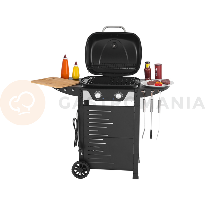Grill elektryczny YATO Asahi to zaawansowane urządzenie do grillowania, łączące w sobie moc, funkcjonalność i wygodę użytkowania.

Produkt wysoce odporny na działanie warunków atmosferycznych (wodoodporność IPX4).

Konstrukcja grilla YATO Asahi została starannie przemyślana pod kątem wygody użytkowania:
• pokrywa z wbudowanym termometrem przyspiesza proces grillowania i chroni przed wiatrem; dodatkowo dym z potraw nada im odpowiedni smak i aromat
• 6 wieszaków na akcesoria oraz składane półki boczne zapewniają dodatkową przestrzeń roboczą
• czytelne, chromowane pokrętła regulacji temperatury
• składane półki boczne sprawiają, że grilla zajmuje mało miejsca i jest łatwiejszy w przechowywaniu i transporcie

Grill wyposażony jest w dwie grzałki o łącznej mocy 2300W i oferuje imponującą wydajność grzewczą.

Jego unikalna cecha to 2-strefowa regulacja temperatury w zakresie 100 - 300°C, umożliwiająca jednoczesne przygotowywanie różnych potraw w odmiennych temperaturach.

Grill posiada emaliowany ruszt o powierzchni grzewczej 47 x 37 cm, zapewniający dużą przestrzeń do grillowania.

Dodatkowo, wyposażony jest w emaliowaną płytę oraz emaliowaną kratkę podgrzewającą o wymiarach 40 x 15 cm, co zwiększa jego wszechstronność.

Dodatkowe informacje
• moc: 2300 W (230V 50Hz)
• ilość grzałek: 2, każda o mocy 1,15 kW
• stalowa misa odporna na działania wysokiej temperatury
• pojemnik na tłuszcz - możliwość wyjęcia i umycia poza grillem
• stopień ochrony przed deszczem: IPX4

Wymiary i waga
• grill: 100,5 x 47,5 x 92,4 cm (szerokość grilla po złożeniu półek: 60 cm)
• powierzchnia grzewcza rusztu: 47 x 37 cm
• kratka do podgrzewania: 40 x 15 cm
• waga grilla: 14,5 kg
• przewód: 1,5 m (1.0 mm²)

Materiał wykonania
• ruszt: stal pokryta emalią
• płyta: stal pokryta emalią
• kratka podgrzewająca: stal pokryta emalią
• grzałki: stal nierdzewna
• termometr: stal nierdzewna
• pokrywa: stal, malowana na kolor czarny, odporna na wysoką temperaturę
• misa: stal, malowana na kolor czarny, odporna na wysoką temperaturę
• uchwyt: stal nierdzewna
• pojemnik na tłuszcz: stal malowana na kolor czarny
• panel przedni: stal malowana proszkowo na kolor czarny, stal nierdzewna
• pokrętła: ABS
• półki boczne: stal malowana proszkowo na kolor czarny
• nogi: stal malowana proszkowo na kolor czarny
• kółka: PE

W celach logistycznych grill gazowy zapakowany jest w karton. Panel grilla wraz z pokrywą dostarczony jest w całości, co ułatwia i przyspiesza montaż. | Asahi, Grill elektryczny, stojący 2300 W, 47x37 cm