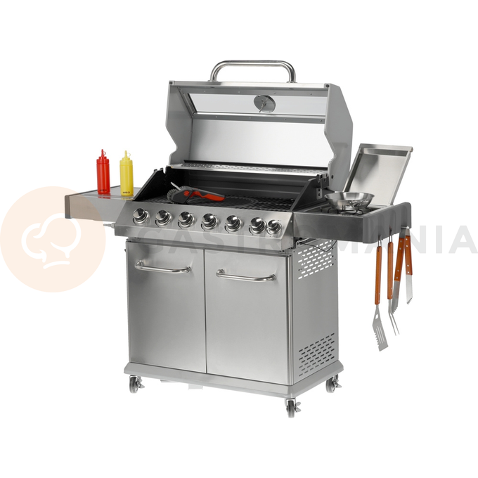 Grill gazowy 6+1 o nowoczesnym wyglądzie wykonany ze stali nierdzewnej, wyposażony w żeliwny ruszt o wymiarach 82 x 41,5 cm. Półki boczne oraz pojemna, zamykana szafka ułatwią przechowywanie przypraw i niezbędnych akcesoriów. Palnik boczny o mocy 2,2 kW umożliwi gotowanie i podgrzewanie potraw w garnku lub na patelni. Dodatkowym atutem jest miejsce na butlę gazową, pojemnik ze stali nierdzewnej umieszczony w jednej z półek bocznych oraz wbudowany otwieracz do butelek.

Wymiary i waga:
• Grill: 144 x 57 x 112cm 
• Ruszt żeliwny, żebrowy (4szt) - powierzchnia grzewcza 82 x 41,5 cm, waga 6,45kg
• Okrągły ruszt (ø30cm) wbudowany w ruszt żebrowy. Możliwość wyjęcia okrągłego rusztu i włożenia specjalnej, kamiennej płyty na pizzę (brak w zestawie)
• Kratka podgrzewająca: 82 x 12cm 
• Waga grilla: 46 kg
• Wymiar szyby: 76 x 13cm
• Wymiar półki bocznej: 34,5 x 42,5cm
• Wymiar pojemnika na jedzenie: 26,5 x 32,5 x 9,5cm
• UWAGA: brak płyty żeliwnej w zestawie. Możliwość dokupienia dwustronnej płyty o wymiarach 22 x 41cm (indeks YG-20020)

Informacje:
• Otwierana szafka ze specjalną kieszenią (otworem) przeznaczonym na przechowywanie w trakcie i po grillowaniu polskiej butli gazowej 11kg. 
• Pokrywa z termometrem zapewnia szybsze grillowanie oraz osłonę przed wiatrem. Dodatkowo dym z potraw nada im odpowiedni smak i aromat.
• Szybka umieszczona w pokrywie umożliwia podgląd stanu przyrządzanych potraw. Szybka o grubości 6mm odporna na wysoką temperaturę.
• Zapalnik umieszczony w pokrętłach
• Wyjmowany pojemnik na jedzenie - idealna do przechowywania zamarynowanych potraw, odłożenia upieczonych, gorących potraw i utrzymywanie ich temperatury (dodatkowo można owinąć je aluminiową folią)
• Niezawodny, żeliwny ruszt, który szybko się nagrzewa i długo utrzymuje ciepło.
• Kratka podgrzewająca nad rusztem wykonana ze stali nierdzewnej 
• Ilość palników: 6+1, czyli 6 palników głównych ze stali nierdzewnej, każdy o mocy 3kW. 1 palnik boczny o mocy 2,2kW.
• Łączna moc: 20,2kW
• Średnie spalanie gazu*: 1468 g/h
• Palnik boczny umożliwia ugotowanie lub podgrzanie zupy, przygotowanie sosów, zagotowanie wody na herbatę. 
• Stalowa misa odporna na działania wysokiej temperatury 
• Półki boczne oraz pojemna, zamykana szafka ułatwią przechowywanie przypraw i niezbędnych akcesoriów.
• 4 obrotowe kółka z hamulcem ułatwią transport grilla.
• 6 wieszaków umieszczonych na półkach bocznych. Idealne do zawieszenia sztućców, ściereczki itp.
• 7 pokręteł z niebieskim światłem LED, które zapalają się po uruchomieniu danego palnika. Oświetlenie ułatwią grillowanie po zmroku, informuje który palnik jest włączony
• Wyprofilowane osłony palnika (aromatyzery) z wycięciami 
• Otwieracz do butelek z boku grilla
• Możliwość wysunięcia płyty ściekowej i umycia poza grillem
• Możliwość dokupienia pokrowca na grilla - model YATO YG-20051
• Możliwość zainstalowania obrotowego rożna elektrycznego do przyrządzania m.in. kurczaka - model YG-20021

*Zużycie maksymalne przy działających wszystki palnikach

Materiał wykonania: 
• Ruszt: żeliwo
• Kratka podgrzewająca: stal nierdzewna (S/S 430)
• Palnik: stal nierdzewna
• Osłona palnika (aromatyzer): stal pokryta emalią
• Termometr: stal nierdzewna
• Pokrywa: stal nierdzewna (S/S 430), podwójna warstwa
• Misa: stal, malowana na kolor czarny, odporna na wysoką temperaturę
• Uchwyt: stal nierdzewna
• Panel przedni: stal nierdzewna (S/S 430)
• Półki boczne: stal nierdzewna (S/S 430)
• Półki boczne (wieszaki): tworzywo sztuczne, kolor szary
• Szafka przednia (drzwiczki): stal nierdzewna (S/S 430), podwójna warstwa
• Szafka przednia (pozostałe elementy): stal, malowana proszkowo na kolor srebrny
• Szyba: szkło hartowane
• Pojemnik na jedzenie: stal nierdzewna

STAL NIERDZEWNA S/S 430 należy do wysokogatunkowych stali ferrytycznych. Wysoka zawartość chromu a tym samym wysoka odporność korozyjna pozwala na zastosowanie w produktach o podwyższonym działaniu wody. 

ŻELIWO - wysokowęglowy stop żelaza z węglem (ponad 2,11% węgla). Gwarantuje lepsze parametry termiczne - równomiernie się nagrzewa, doskonale przewodzi temperaturę, długo utrzymuje ciepło. Jest bardzo trwały oraz wysoce odporny na ścieranie i korozję

Zalety grillowania na grillu gazowym:
• WYJĄTKOWY SMAK -wyjątkowy smak otrzymujemy dzięki odparowywaniu z potraw soków i tłuszczy. Kopuła w grillu gazowym zatrzymuje dym i nadaje im aromat
• KONTROLA TEMPERATURY -dzięki pokrętłom, pokrywie, kilku palnikom oraz termometrowi jesteś w stanie dopasować temperaturę do przyrządzanych mięs, warzyw i serów.
• KOMFORT PRACY -W porównaniu do grilli węglowych grillowanie oraz konserwacja będzie dużo łatwiejsza. Po pierwsze dzięki szybkiemu nagrzewaniu się grilla możesz zacząć smażyć już po kilku minutach. Po drugie nie musisz dorzucać węgla, dmuchać i kontrolować wielkości płomienia. Po trzecie czyszczenie grilla gazowego jest znacznie szybsze - m.in. nie wymaga wysypywania popiołu.

Możliwość dokupienia dodatkowych akcesoriów:
• pokrowiec YG-20051
• płyta żeliwna YG-20020
• rożno elektryczne YG-20021
• wąż z reduktorem VOREL 99670 lub 99671

W celach logistycznych grill gazowy zapakowany jest w karton. Panel grilla wraz z pokrywą dostarczony jest w całości, co ułatwia i przyspiesza montaż

Do grilla nie jest dołączony reduktor oraz wąż. | Itami, Grill gazowy 6+1 stal nierdzewna 20,5 kW, z szybą