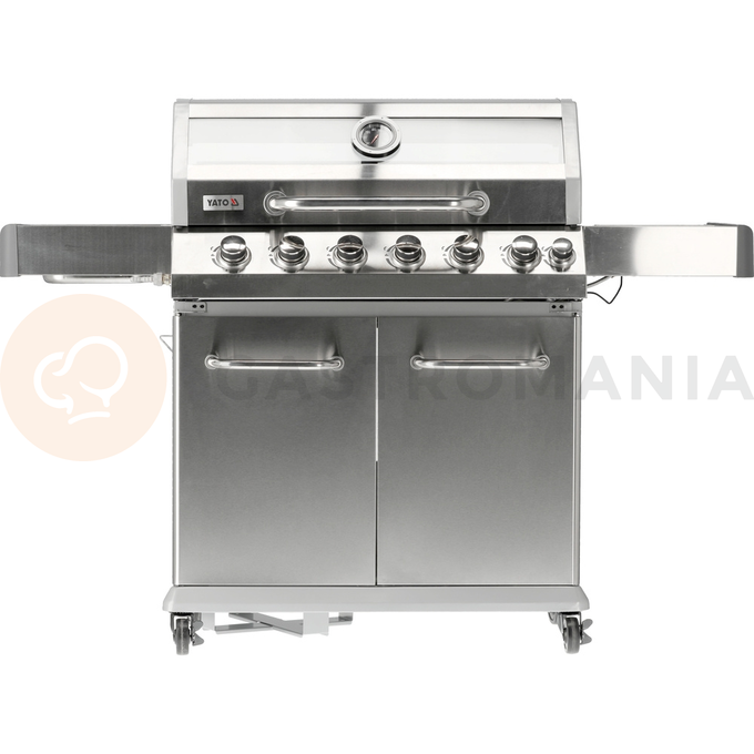 Grill gazowy 6+1 o nowoczesnym wyglądzie wykonany ze stali nierdzewnej, wyposażony w żeliwny ruszt o wymiarach 82 x 41,5 cm. Półki boczne oraz pojemna, zamykana szafka ułatwią przechowywanie przypraw i niezbędnych akcesoriów. Palnik boczny o mocy 2,2 kW umożliwi gotowanie i podgrzewanie potraw w garnku lub na patelni. Dodatkowym atutem jest miejsce na butlę gazową, pojemnik ze stali nierdzewnej umieszczony w jednej z półek bocznych oraz wbudowany otwieracz do butelek.

Wymiary i waga:
• Grill: 144 x 57 x 112cm 
• Ruszt żeliwny, żebrowy (4szt) - powierzchnia grzewcza 82 x 41,5 cm, waga 6,45kg
• Okrągły ruszt (ø30cm) wbudowany w ruszt żebrowy. Możliwość wyjęcia okrągłego rusztu i włożenia specjalnej, kamiennej płyty na pizzę (brak w zestawie)
• Kratka podgrzewająca: 82 x 12cm 
• Waga grilla: 46 kg
• Wymiar szyby: 76 x 13cm
• Wymiar półki bocznej: 34,5 x 42,5cm
• Wymiar pojemnika na jedzenie: 26,5 x 32,5 x 9,5cm
• UWAGA: brak płyty żeliwnej w zestawie. Możliwość dokupienia dwustronnej płyty o wymiarach 22 x 41cm (indeks YG-20020)

Informacje:
• Otwierana szafka ze specjalną kieszenią (otworem) przeznaczonym na przechowywanie w trakcie i po grillowaniu polskiej butli gazowej 11kg. 
• Pokrywa z termometrem zapewnia szybsze grillowanie oraz osłonę przed wiatrem. Dodatkowo dym z potraw nada im odpowiedni smak i aromat.
• Szybka umieszczona w pokrywie umożliwia podgląd stanu przyrządzanych potraw. Szybka o grubości 6mm odporna na wysoką temperaturę.
• Zapalnik umieszczony w pokrętłach
• Wyjmowany pojemnik na jedzenie - idealna do przechowywania zamarynowanych potraw, odłożenia upieczonych, gorących potraw i utrzymywanie ich temperatury (dodatkowo można owinąć je aluminiową folią)
• Niezawodny, żeliwny ruszt, który szybko się nagrzewa i długo utrzymuje ciepło.
• Kratka podgrzewająca nad rusztem wykonana ze stali nierdzewnej 
• Ilość palników: 6+1, czyli 6 palników głównych ze stali nierdzewnej, każdy o mocy 3kW. 1 palnik boczny o mocy 2,2kW.
• Łączna moc: 20,2kW
• Średnie spalanie gazu*: 1468 g/h
• Palnik boczny umożliwia ugotowanie lub podgrzanie zupy, przygotowanie sosów, zagotowanie wody na herbatę. 
• Stalowa misa odporna na działania wysokiej temperatury 
• Półki boczne oraz pojemna, zamykana szafka ułatwią przechowywanie przypraw i niezbędnych akcesoriów.
• 4 obrotowe kółka z hamulcem ułatwią transport grilla.
• 6 wieszaków umieszczonych na półkach bocznych. Idealne do zawieszenia sztućców, ściereczki itp.
• 7 pokręteł z niebieskim światłem LED, które zapalają się po uruchomieniu danego palnika. Oświetlenie ułatwią grillowanie po zmroku, informuje który palnik jest włączony
• Wyprofilowane osłony palnika (aromatyzery) z wycięciami 
• Otwieracz do butelek z boku grilla
• Możliwość wysunięcia płyty ściekowej i umycia poza grillem
• Możliwość dokupienia pokrowca na grilla - model YATO YG-20051
• Możliwość zainstalowania obrotowego rożna elektrycznego do przyrządzania m.in. kurczaka - model YG-20021

*Zużycie maksymalne przy działających wszystki palnikach

Materiał wykonania: 
• Ruszt: żeliwo
• Kratka podgrzewająca: stal nierdzewna (S/S 430)
• Palnik: stal nierdzewna
• Osłona palnika (aromatyzer): stal pokryta emalią
• Termometr: stal nierdzewna
• Pokrywa: stal nierdzewna (S/S 430), podwójna warstwa
• Misa: stal, malowana na kolor czarny, odporna na wysoką temperaturę
• Uchwyt: stal nierdzewna
• Panel przedni: stal nierdzewna (S/S 430)
• Półki boczne: stal nierdzewna (S/S 430)
• Półki boczne (wieszaki): tworzywo sztuczne, kolor szary
• Szafka przednia (drzwiczki): stal nierdzewna (S/S 430), podwójna warstwa
• Szafka przednia (pozostałe elementy): stal, malowana proszkowo na kolor srebrny
• Szyba: szkło hartowane
• Pojemnik na jedzenie: stal nierdzewna

STAL NIERDZEWNA S/S 430 należy do wysokogatunkowych stali ferrytycznych. Wysoka zawartość chromu a tym samym wysoka odporność korozyjna pozwala na zastosowanie w produktach o podwyższonym działaniu wody. 

ŻELIWO - wysokowęglowy stop żelaza z węglem (ponad 2,11% węgla). Gwarantuje lepsze parametry termiczne - równomiernie się nagrzewa, doskonale przewodzi temperaturę, długo utrzymuje ciepło. Jest bardzo trwały oraz wysoce odporny na ścieranie i korozję

Zalety grillowania na grillu gazowym:
• WYJĄTKOWY SMAK -wyjątkowy smak otrzymujemy dzięki odparowywaniu z potraw soków i tłuszczy. Kopuła w grillu gazowym zatrzymuje dym i nadaje im aromat
• KONTROLA TEMPERATURY -dzięki pokrętłom, pokrywie, kilku palnikom oraz termometrowi jesteś w stanie dopasować temperaturę do przyrządzanych mięs, warzyw i serów.
• KOMFORT PRACY -W porównaniu do grilli węglowych grillowanie oraz konserwacja będzie dużo łatwiejsza. Po pierwsze dzięki szybkiemu nagrzewaniu się grilla możesz zacząć smażyć już po kilku minutach. Po drugie nie musisz dorzucać węgla, dmuchać i kontrolować wielkości płomienia. Po trzecie czyszczenie grilla gazowego jest znacznie szybsze - m.in. nie wymaga wysypywania popiołu.

Możliwość dokupienia dodatkowych akcesoriów:
• pokrowiec YG-20051
• płyta żeliwna YG-20020
• rożno elektryczne YG-20021
• wąż z reduktorem VOREL 99670 lub 99671

W celach logistycznych grill gazowy zapakowany jest w karton. Panel grilla wraz z pokrywą dostarczony jest w całości, co ułatwia i przyspiesza montaż

Do grilla nie jest dołączony reduktor oraz wąż. | Itami, Grill gazowy 6+1 stal nierdzewna 20,5 kW, z szybą