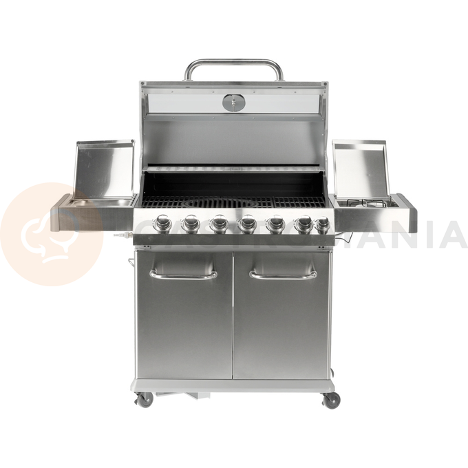 Grill gazowy 6+1 o nowoczesnym wyglądzie wykonany ze stali nierdzewnej, wyposażony w żeliwny ruszt o wymiarach 82 x 41,5 cm. Półki boczne oraz pojemna, zamykana szafka ułatwią przechowywanie przypraw i niezbędnych akcesoriów. Palnik boczny o mocy 2,2 kW umożliwi gotowanie i podgrzewanie potraw w garnku lub na patelni. Dodatkowym atutem jest miejsce na butlę gazową, pojemnik ze stali nierdzewnej umieszczony w jednej z półek bocznych oraz wbudowany otwieracz do butelek.

Wymiary i waga:
• Grill: 144 x 57 x 112cm 
• Ruszt żeliwny, żebrowy (4szt) - powierzchnia grzewcza 82 x 41,5 cm, waga 6,45kg
• Okrągły ruszt (ø30cm) wbudowany w ruszt żebrowy. Możliwość wyjęcia okrągłego rusztu i włożenia specjalnej, kamiennej płyty na pizzę (brak w zestawie)
• Kratka podgrzewająca: 82 x 12cm 
• Waga grilla: 46 kg
• Wymiar szyby: 76 x 13cm
• Wymiar półki bocznej: 34,5 x 42,5cm
• Wymiar pojemnika na jedzenie: 26,5 x 32,5 x 9,5cm
• UWAGA: brak płyty żeliwnej w zestawie. Możliwość dokupienia dwustronnej płyty o wymiarach 22 x 41cm (indeks YG-20020)

Informacje:
• Otwierana szafka ze specjalną kieszenią (otworem) przeznaczonym na przechowywanie w trakcie i po grillowaniu polskiej butli gazowej 11kg. 
• Pokrywa z termometrem zapewnia szybsze grillowanie oraz osłonę przed wiatrem. Dodatkowo dym z potraw nada im odpowiedni smak i aromat.
• Szybka umieszczona w pokrywie umożliwia podgląd stanu przyrządzanych potraw. Szybka o grubości 6mm odporna na wysoką temperaturę.
• Zapalnik umieszczony w pokrętłach
• Wyjmowany pojemnik na jedzenie - idealna do przechowywania zamarynowanych potraw, odłożenia upieczonych, gorących potraw i utrzymywanie ich temperatury (dodatkowo można owinąć je aluminiową folią)
• Niezawodny, żeliwny ruszt, który szybko się nagrzewa i długo utrzymuje ciepło.
• Kratka podgrzewająca nad rusztem wykonana ze stali nierdzewnej 
• Ilość palników: 6+1, czyli 6 palników głównych ze stali nierdzewnej, każdy o mocy 3kW. 1 palnik boczny o mocy 2,2kW.
• Łączna moc: 20,2kW
• Średnie spalanie gazu*: 1468 g/h
• Palnik boczny umożliwia ugotowanie lub podgrzanie zupy, przygotowanie sosów, zagotowanie wody na herbatę. 
• Stalowa misa odporna na działania wysokiej temperatury 
• Półki boczne oraz pojemna, zamykana szafka ułatwią przechowywanie przypraw i niezbędnych akcesoriów.
• 4 obrotowe kółka z hamulcem ułatwią transport grilla.
• 6 wieszaków umieszczonych na półkach bocznych. Idealne do zawieszenia sztućców, ściereczki itp.
• 7 pokręteł z niebieskim światłem LED, które zapalają się po uruchomieniu danego palnika. Oświetlenie ułatwią grillowanie po zmroku, informuje który palnik jest włączony
• Wyprofilowane osłony palnika (aromatyzery) z wycięciami 
• Otwieracz do butelek z boku grilla
• Możliwość wysunięcia płyty ściekowej i umycia poza grillem
• Możliwość dokupienia pokrowca na grilla - model YATO YG-20051
• Możliwość zainstalowania obrotowego rożna elektrycznego do przyrządzania m.in. kurczaka - model YG-20021

*Zużycie maksymalne przy działających wszystki palnikach

Materiał wykonania: 
• Ruszt: żeliwo
• Kratka podgrzewająca: stal nierdzewna (S/S 430)
• Palnik: stal nierdzewna
• Osłona palnika (aromatyzer): stal pokryta emalią
• Termometr: stal nierdzewna
• Pokrywa: stal nierdzewna (S/S 430), podwójna warstwa
• Misa: stal, malowana na kolor czarny, odporna na wysoką temperaturę
• Uchwyt: stal nierdzewna
• Panel przedni: stal nierdzewna (S/S 430)
• Półki boczne: stal nierdzewna (S/S 430)
• Półki boczne (wieszaki): tworzywo sztuczne, kolor szary
• Szafka przednia (drzwiczki): stal nierdzewna (S/S 430), podwójna warstwa
• Szafka przednia (pozostałe elementy): stal, malowana proszkowo na kolor srebrny
• Szyba: szkło hartowane
• Pojemnik na jedzenie: stal nierdzewna

STAL NIERDZEWNA S/S 430 należy do wysokogatunkowych stali ferrytycznych. Wysoka zawartość chromu a tym samym wysoka odporność korozyjna pozwala na zastosowanie w produktach o podwyższonym działaniu wody. 

ŻELIWO - wysokowęglowy stop żelaza z węglem (ponad 2,11% węgla). Gwarantuje lepsze parametry termiczne - równomiernie się nagrzewa, doskonale przewodzi temperaturę, długo utrzymuje ciepło. Jest bardzo trwały oraz wysoce odporny na ścieranie i korozję

Zalety grillowania na grillu gazowym:
• WYJĄTKOWY SMAK -wyjątkowy smak otrzymujemy dzięki odparowywaniu z potraw soków i tłuszczy. Kopuła w grillu gazowym zatrzymuje dym i nadaje im aromat
• KONTROLA TEMPERATURY -dzięki pokrętłom, pokrywie, kilku palnikom oraz termometrowi jesteś w stanie dopasować temperaturę do przyrządzanych mięs, warzyw i serów.
• KOMFORT PRACY -W porównaniu do grilli węglowych grillowanie oraz konserwacja będzie dużo łatwiejsza. Po pierwsze dzięki szybkiemu nagrzewaniu się grilla możesz zacząć smażyć już po kilku minutach. Po drugie nie musisz dorzucać węgla, dmuchać i kontrolować wielkości płomienia. Po trzecie czyszczenie grilla gazowego jest znacznie szybsze - m.in. nie wymaga wysypywania popiołu.

Możliwość dokupienia dodatkowych akcesoriów:
• pokrowiec YG-20051
• płyta żeliwna YG-20020
• rożno elektryczne YG-20021
• wąż z reduktorem VOREL 99670 lub 99671

W celach logistycznych grill gazowy zapakowany jest w karton. Panel grilla wraz z pokrywą dostarczony jest w całości, co ułatwia i przyspiesza montaż

Do grilla nie jest dołączony reduktor oraz wąż. | Itami, Grill gazowy 6+1 stal nierdzewna 20,5 kW, z szybą