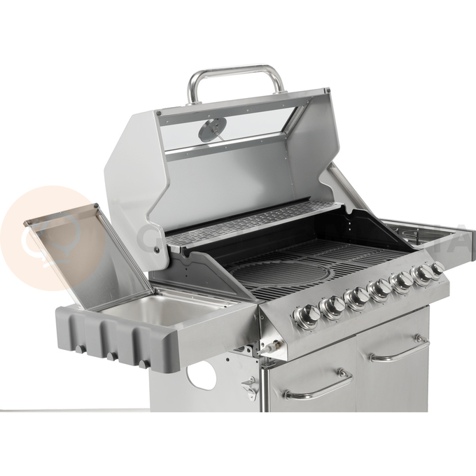 Grill gazowy 6+1 o nowoczesnym wyglądzie wykonany ze stali nierdzewnej, wyposażony w żeliwny ruszt o wymiarach 82 x 41,5 cm. Półki boczne oraz pojemna, zamykana szafka ułatwią przechowywanie przypraw i niezbędnych akcesoriów. Palnik boczny o mocy 2,2 kW umożliwi gotowanie i podgrzewanie potraw w garnku lub na patelni. Dodatkowym atutem jest miejsce na butlę gazową, pojemnik ze stali nierdzewnej umieszczony w jednej z półek bocznych oraz wbudowany otwieracz do butelek.

Wymiary i waga:
• Grill: 144 x 57 x 112cm 
• Ruszt żeliwny, żebrowy (4szt) - powierzchnia grzewcza 82 x 41,5 cm, waga 6,45kg
• Okrągły ruszt (ø30cm) wbudowany w ruszt żebrowy. Możliwość wyjęcia okrągłego rusztu i włożenia specjalnej, kamiennej płyty na pizzę (brak w zestawie)
• Kratka podgrzewająca: 82 x 12cm 
• Waga grilla: 46 kg
• Wymiar szyby: 76 x 13cm
• Wymiar półki bocznej: 34,5 x 42,5cm
• Wymiar pojemnika na jedzenie: 26,5 x 32,5 x 9,5cm
• UWAGA: brak płyty żeliwnej w zestawie. Możliwość dokupienia dwustronnej płyty o wymiarach 22 x 41cm (indeks YG-20020)

Informacje:
• Otwierana szafka ze specjalną kieszenią (otworem) przeznaczonym na przechowywanie w trakcie i po grillowaniu polskiej butli gazowej 11kg. 
• Pokrywa z termometrem zapewnia szybsze grillowanie oraz osłonę przed wiatrem. Dodatkowo dym z potraw nada im odpowiedni smak i aromat.
• Szybka umieszczona w pokrywie umożliwia podgląd stanu przyrządzanych potraw. Szybka o grubości 6mm odporna na wysoką temperaturę.
• Zapalnik umieszczony w pokrętłach
• Wyjmowany pojemnik na jedzenie - idealna do przechowywania zamarynowanych potraw, odłożenia upieczonych, gorących potraw i utrzymywanie ich temperatury (dodatkowo można owinąć je aluminiową folią)
• Niezawodny, żeliwny ruszt, który szybko się nagrzewa i długo utrzymuje ciepło.
• Kratka podgrzewająca nad rusztem wykonana ze stali nierdzewnej 
• Ilość palników: 6+1, czyli 6 palników głównych ze stali nierdzewnej, każdy o mocy 3kW. 1 palnik boczny o mocy 2,2kW.
• Łączna moc: 20,2kW
• Średnie spalanie gazu*: 1468 g/h
• Palnik boczny umożliwia ugotowanie lub podgrzanie zupy, przygotowanie sosów, zagotowanie wody na herbatę. 
• Stalowa misa odporna na działania wysokiej temperatury 
• Półki boczne oraz pojemna, zamykana szafka ułatwią przechowywanie przypraw i niezbędnych akcesoriów.
• 4 obrotowe kółka z hamulcem ułatwią transport grilla.
• 6 wieszaków umieszczonych na półkach bocznych. Idealne do zawieszenia sztućców, ściereczki itp.
• 7 pokręteł z niebieskim światłem LED, które zapalają się po uruchomieniu danego palnika. Oświetlenie ułatwią grillowanie po zmroku, informuje który palnik jest włączony
• Wyprofilowane osłony palnika (aromatyzery) z wycięciami 
• Otwieracz do butelek z boku grilla
• Możliwość wysunięcia płyty ściekowej i umycia poza grillem
• Możliwość dokupienia pokrowca na grilla - model YATO YG-20051
• Możliwość zainstalowania obrotowego rożna elektrycznego do przyrządzania m.in. kurczaka - model YG-20021

*Zużycie maksymalne przy działających wszystki palnikach

Materiał wykonania: 
• Ruszt: żeliwo
• Kratka podgrzewająca: stal nierdzewna (S/S 430)
• Palnik: stal nierdzewna
• Osłona palnika (aromatyzer): stal pokryta emalią
• Termometr: stal nierdzewna
• Pokrywa: stal nierdzewna (S/S 430), podwójna warstwa
• Misa: stal, malowana na kolor czarny, odporna na wysoką temperaturę
• Uchwyt: stal nierdzewna
• Panel przedni: stal nierdzewna (S/S 430)
• Półki boczne: stal nierdzewna (S/S 430)
• Półki boczne (wieszaki): tworzywo sztuczne, kolor szary
• Szafka przednia (drzwiczki): stal nierdzewna (S/S 430), podwójna warstwa
• Szafka przednia (pozostałe elementy): stal, malowana proszkowo na kolor srebrny
• Szyba: szkło hartowane
• Pojemnik na jedzenie: stal nierdzewna

STAL NIERDZEWNA S/S 430 należy do wysokogatunkowych stali ferrytycznych. Wysoka zawartość chromu a tym samym wysoka odporność korozyjna pozwala na zastosowanie w produktach o podwyższonym działaniu wody. 

ŻELIWO - wysokowęglowy stop żelaza z węglem (ponad 2,11% węgla). Gwarantuje lepsze parametry termiczne - równomiernie się nagrzewa, doskonale przewodzi temperaturę, długo utrzymuje ciepło. Jest bardzo trwały oraz wysoce odporny na ścieranie i korozję

Zalety grillowania na grillu gazowym:
• WYJĄTKOWY SMAK -wyjątkowy smak otrzymujemy dzięki odparowywaniu z potraw soków i tłuszczy. Kopuła w grillu gazowym zatrzymuje dym i nadaje im aromat
• KONTROLA TEMPERATURY -dzięki pokrętłom, pokrywie, kilku palnikom oraz termometrowi jesteś w stanie dopasować temperaturę do przyrządzanych mięs, warzyw i serów.
• KOMFORT PRACY -W porównaniu do grilli węglowych grillowanie oraz konserwacja będzie dużo łatwiejsza. Po pierwsze dzięki szybkiemu nagrzewaniu się grilla możesz zacząć smażyć już po kilku minutach. Po drugie nie musisz dorzucać węgla, dmuchać i kontrolować wielkości płomienia. Po trzecie czyszczenie grilla gazowego jest znacznie szybsze - m.in. nie wymaga wysypywania popiołu.

Możliwość dokupienia dodatkowych akcesoriów:
• pokrowiec YG-20051
• płyta żeliwna YG-20020
• rożno elektryczne YG-20021
• wąż z reduktorem VOREL 99670 lub 99671

W celach logistycznych grill gazowy zapakowany jest w karton. Panel grilla wraz z pokrywą dostarczony jest w całości, co ułatwia i przyspiesza montaż

Do grilla nie jest dołączony reduktor oraz wąż. | Itami, Grill gazowy 6+1 stal nierdzewna 20,5 kW, z szybą