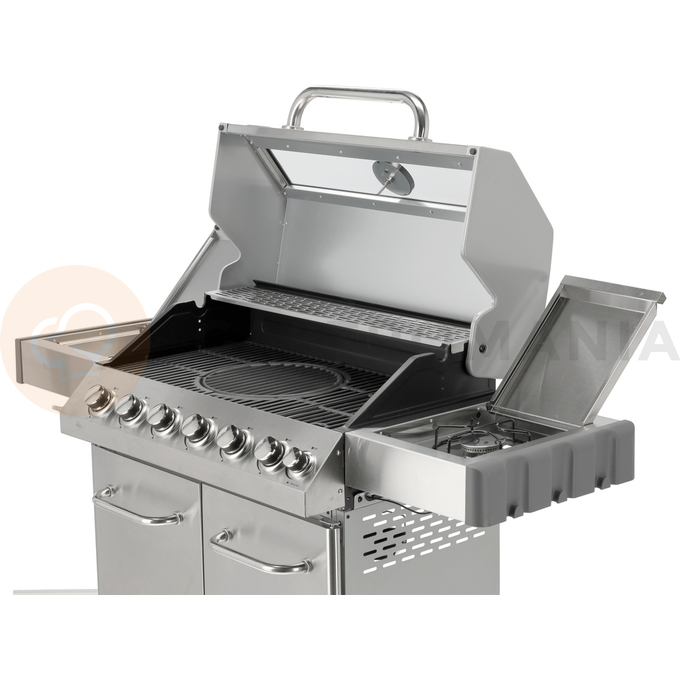 Grill gazowy 6+1 o nowoczesnym wyglądzie wykonany ze stali nierdzewnej, wyposażony w żeliwny ruszt o wymiarach 82 x 41,5 cm. Półki boczne oraz pojemna, zamykana szafka ułatwią przechowywanie przypraw i niezbędnych akcesoriów. Palnik boczny o mocy 2,2 kW umożliwi gotowanie i podgrzewanie potraw w garnku lub na patelni. Dodatkowym atutem jest miejsce na butlę gazową, pojemnik ze stali nierdzewnej umieszczony w jednej z półek bocznych oraz wbudowany otwieracz do butelek.

Wymiary i waga:
• Grill: 144 x 57 x 112cm 
• Ruszt żeliwny, żebrowy (4szt) - powierzchnia grzewcza 82 x 41,5 cm, waga 6,45kg
• Okrągły ruszt (ø30cm) wbudowany w ruszt żebrowy. Możliwość wyjęcia okrągłego rusztu i włożenia specjalnej, kamiennej płyty na pizzę (brak w zestawie)
• Kratka podgrzewająca: 82 x 12cm 
• Waga grilla: 46 kg
• Wymiar szyby: 76 x 13cm
• Wymiar półki bocznej: 34,5 x 42,5cm
• Wymiar pojemnika na jedzenie: 26,5 x 32,5 x 9,5cm
• UWAGA: brak płyty żeliwnej w zestawie. Możliwość dokupienia dwustronnej płyty o wymiarach 22 x 41cm (indeks YG-20020)

Informacje:
• Otwierana szafka ze specjalną kieszenią (otworem) przeznaczonym na przechowywanie w trakcie i po grillowaniu polskiej butli gazowej 11kg. 
• Pokrywa z termometrem zapewnia szybsze grillowanie oraz osłonę przed wiatrem. Dodatkowo dym z potraw nada im odpowiedni smak i aromat.
• Szybka umieszczona w pokrywie umożliwia podgląd stanu przyrządzanych potraw. Szybka o grubości 6mm odporna na wysoką temperaturę.
• Zapalnik umieszczony w pokrętłach
• Wyjmowany pojemnik na jedzenie - idealna do przechowywania zamarynowanych potraw, odłożenia upieczonych, gorących potraw i utrzymywanie ich temperatury (dodatkowo można owinąć je aluminiową folią)
• Niezawodny, żeliwny ruszt, który szybko się nagrzewa i długo utrzymuje ciepło.
• Kratka podgrzewająca nad rusztem wykonana ze stali nierdzewnej 
• Ilość palników: 6+1, czyli 6 palników głównych ze stali nierdzewnej, każdy o mocy 3kW. 1 palnik boczny o mocy 2,2kW.
• Łączna moc: 20,2kW
• Średnie spalanie gazu*: 1468 g/h
• Palnik boczny umożliwia ugotowanie lub podgrzanie zupy, przygotowanie sosów, zagotowanie wody na herbatę. 
• Stalowa misa odporna na działania wysokiej temperatury 
• Półki boczne oraz pojemna, zamykana szafka ułatwią przechowywanie przypraw i niezbędnych akcesoriów.
• 4 obrotowe kółka z hamulcem ułatwią transport grilla.
• 6 wieszaków umieszczonych na półkach bocznych. Idealne do zawieszenia sztućców, ściereczki itp.
• 7 pokręteł z niebieskim światłem LED, które zapalają się po uruchomieniu danego palnika. Oświetlenie ułatwią grillowanie po zmroku, informuje który palnik jest włączony
• Wyprofilowane osłony palnika (aromatyzery) z wycięciami 
• Otwieracz do butelek z boku grilla
• Możliwość wysunięcia płyty ściekowej i umycia poza grillem
• Możliwość dokupienia pokrowca na grilla - model YATO YG-20051
• Możliwość zainstalowania obrotowego rożna elektrycznego do przyrządzania m.in. kurczaka - model YG-20021

*Zużycie maksymalne przy działających wszystki palnikach

Materiał wykonania: 
• Ruszt: żeliwo
• Kratka podgrzewająca: stal nierdzewna (S/S 430)
• Palnik: stal nierdzewna
• Osłona palnika (aromatyzer): stal pokryta emalią
• Termometr: stal nierdzewna
• Pokrywa: stal nierdzewna (S/S 430), podwójna warstwa
• Misa: stal, malowana na kolor czarny, odporna na wysoką temperaturę
• Uchwyt: stal nierdzewna
• Panel przedni: stal nierdzewna (S/S 430)
• Półki boczne: stal nierdzewna (S/S 430)
• Półki boczne (wieszaki): tworzywo sztuczne, kolor szary
• Szafka przednia (drzwiczki): stal nierdzewna (S/S 430), podwójna warstwa
• Szafka przednia (pozostałe elementy): stal, malowana proszkowo na kolor srebrny
• Szyba: szkło hartowane
• Pojemnik na jedzenie: stal nierdzewna

STAL NIERDZEWNA S/S 430 należy do wysokogatunkowych stali ferrytycznych. Wysoka zawartość chromu a tym samym wysoka odporność korozyjna pozwala na zastosowanie w produktach o podwyższonym działaniu wody. 

ŻELIWO - wysokowęglowy stop żelaza z węglem (ponad 2,11% węgla). Gwarantuje lepsze parametry termiczne - równomiernie się nagrzewa, doskonale przewodzi temperaturę, długo utrzymuje ciepło. Jest bardzo trwały oraz wysoce odporny na ścieranie i korozję

Zalety grillowania na grillu gazowym:
• WYJĄTKOWY SMAK -wyjątkowy smak otrzymujemy dzięki odparowywaniu z potraw soków i tłuszczy. Kopuła w grillu gazowym zatrzymuje dym i nadaje im aromat
• KONTROLA TEMPERATURY -dzięki pokrętłom, pokrywie, kilku palnikom oraz termometrowi jesteś w stanie dopasować temperaturę do przyrządzanych mięs, warzyw i serów.
• KOMFORT PRACY -W porównaniu do grilli węglowych grillowanie oraz konserwacja będzie dużo łatwiejsza. Po pierwsze dzięki szybkiemu nagrzewaniu się grilla możesz zacząć smażyć już po kilku minutach. Po drugie nie musisz dorzucać węgla, dmuchać i kontrolować wielkości płomienia. Po trzecie czyszczenie grilla gazowego jest znacznie szybsze - m.in. nie wymaga wysypywania popiołu.

Możliwość dokupienia dodatkowych akcesoriów:
• pokrowiec YG-20051
• płyta żeliwna YG-20020
• rożno elektryczne YG-20021
• wąż z reduktorem VOREL 99670 lub 99671

W celach logistycznych grill gazowy zapakowany jest w karton. Panel grilla wraz z pokrywą dostarczony jest w całości, co ułatwia i przyspiesza montaż

Do grilla nie jest dołączony reduktor oraz wąż. | Itami, Grill gazowy 6+1 stal nierdzewna 20,5 kW, z szybą