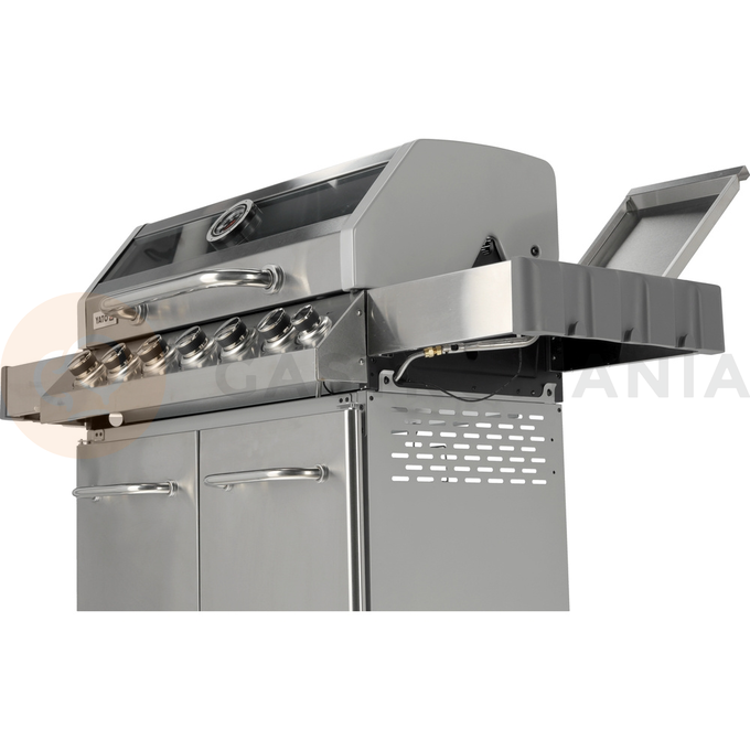 Grill gazowy 6+1 o nowoczesnym wyglądzie wykonany ze stali nierdzewnej, wyposażony w żeliwny ruszt o wymiarach 82 x 41,5 cm. Półki boczne oraz pojemna, zamykana szafka ułatwią przechowywanie przypraw i niezbędnych akcesoriów. Palnik boczny o mocy 2,2 kW umożliwi gotowanie i podgrzewanie potraw w garnku lub na patelni. Dodatkowym atutem jest miejsce na butlę gazową, pojemnik ze stali nierdzewnej umieszczony w jednej z półek bocznych oraz wbudowany otwieracz do butelek.

Wymiary i waga:
• Grill: 144 x 57 x 112cm 
• Ruszt żeliwny, żebrowy (4szt) - powierzchnia grzewcza 82 x 41,5 cm, waga 6,45kg
• Okrągły ruszt (ø30cm) wbudowany w ruszt żebrowy. Możliwość wyjęcia okrągłego rusztu i włożenia specjalnej, kamiennej płyty na pizzę (brak w zestawie)
• Kratka podgrzewająca: 82 x 12cm 
• Waga grilla: 46 kg
• Wymiar szyby: 76 x 13cm
• Wymiar półki bocznej: 34,5 x 42,5cm
• Wymiar pojemnika na jedzenie: 26,5 x 32,5 x 9,5cm
• UWAGA: brak płyty żeliwnej w zestawie. Możliwość dokupienia dwustronnej płyty o wymiarach 22 x 41cm (indeks YG-20020)

Informacje:
• Otwierana szafka ze specjalną kieszenią (otworem) przeznaczonym na przechowywanie w trakcie i po grillowaniu polskiej butli gazowej 11kg. 
• Pokrywa z termometrem zapewnia szybsze grillowanie oraz osłonę przed wiatrem. Dodatkowo dym z potraw nada im odpowiedni smak i aromat.
• Szybka umieszczona w pokrywie umożliwia podgląd stanu przyrządzanych potraw. Szybka o grubości 6mm odporna na wysoką temperaturę.
• Zapalnik umieszczony w pokrętłach
• Wyjmowany pojemnik na jedzenie - idealna do przechowywania zamarynowanych potraw, odłożenia upieczonych, gorących potraw i utrzymywanie ich temperatury (dodatkowo można owinąć je aluminiową folią)
• Niezawodny, żeliwny ruszt, który szybko się nagrzewa i długo utrzymuje ciepło.
• Kratka podgrzewająca nad rusztem wykonana ze stali nierdzewnej 
• Ilość palników: 6+1, czyli 6 palników głównych ze stali nierdzewnej, każdy o mocy 3kW. 1 palnik boczny o mocy 2,2kW.
• Łączna moc: 20,2kW
• Średnie spalanie gazu*: 1468 g/h
• Palnik boczny umożliwia ugotowanie lub podgrzanie zupy, przygotowanie sosów, zagotowanie wody na herbatę. 
• Stalowa misa odporna na działania wysokiej temperatury 
• Półki boczne oraz pojemna, zamykana szafka ułatwią przechowywanie przypraw i niezbędnych akcesoriów.
• 4 obrotowe kółka z hamulcem ułatwią transport grilla.
• 6 wieszaków umieszczonych na półkach bocznych. Idealne do zawieszenia sztućców, ściereczki itp.
• 7 pokręteł z niebieskim światłem LED, które zapalają się po uruchomieniu danego palnika. Oświetlenie ułatwią grillowanie po zmroku, informuje który palnik jest włączony
• Wyprofilowane osłony palnika (aromatyzery) z wycięciami 
• Otwieracz do butelek z boku grilla
• Możliwość wysunięcia płyty ściekowej i umycia poza grillem
• Możliwość dokupienia pokrowca na grilla - model YATO YG-20051
• Możliwość zainstalowania obrotowego rożna elektrycznego do przyrządzania m.in. kurczaka - model YG-20021

*Zużycie maksymalne przy działających wszystki palnikach

Materiał wykonania: 
• Ruszt: żeliwo
• Kratka podgrzewająca: stal nierdzewna (S/S 430)
• Palnik: stal nierdzewna
• Osłona palnika (aromatyzer): stal pokryta emalią
• Termometr: stal nierdzewna
• Pokrywa: stal nierdzewna (S/S 430), podwójna warstwa
• Misa: stal, malowana na kolor czarny, odporna na wysoką temperaturę
• Uchwyt: stal nierdzewna
• Panel przedni: stal nierdzewna (S/S 430)
• Półki boczne: stal nierdzewna (S/S 430)
• Półki boczne (wieszaki): tworzywo sztuczne, kolor szary
• Szafka przednia (drzwiczki): stal nierdzewna (S/S 430), podwójna warstwa
• Szafka przednia (pozostałe elementy): stal, malowana proszkowo na kolor srebrny
• Szyba: szkło hartowane
• Pojemnik na jedzenie: stal nierdzewna

STAL NIERDZEWNA S/S 430 należy do wysokogatunkowych stali ferrytycznych. Wysoka zawartość chromu a tym samym wysoka odporność korozyjna pozwala na zastosowanie w produktach o podwyższonym działaniu wody. 

ŻELIWO - wysokowęglowy stop żelaza z węglem (ponad 2,11% węgla). Gwarantuje lepsze parametry termiczne - równomiernie się nagrzewa, doskonale przewodzi temperaturę, długo utrzymuje ciepło. Jest bardzo trwały oraz wysoce odporny na ścieranie i korozję

Zalety grillowania na grillu gazowym:
• WYJĄTKOWY SMAK -wyjątkowy smak otrzymujemy dzięki odparowywaniu z potraw soków i tłuszczy. Kopuła w grillu gazowym zatrzymuje dym i nadaje im aromat
• KONTROLA TEMPERATURY -dzięki pokrętłom, pokrywie, kilku palnikom oraz termometrowi jesteś w stanie dopasować temperaturę do przyrządzanych mięs, warzyw i serów.
• KOMFORT PRACY -W porównaniu do grilli węglowych grillowanie oraz konserwacja będzie dużo łatwiejsza. Po pierwsze dzięki szybkiemu nagrzewaniu się grilla możesz zacząć smażyć już po kilku minutach. Po drugie nie musisz dorzucać węgla, dmuchać i kontrolować wielkości płomienia. Po trzecie czyszczenie grilla gazowego jest znacznie szybsze - m.in. nie wymaga wysypywania popiołu.

Możliwość dokupienia dodatkowych akcesoriów:
• pokrowiec YG-20051
• płyta żeliwna YG-20020
• rożno elektryczne YG-20021
• wąż z reduktorem VOREL 99670 lub 99671

W celach logistycznych grill gazowy zapakowany jest w karton. Panel grilla wraz z pokrywą dostarczony jest w całości, co ułatwia i przyspiesza montaż

Do grilla nie jest dołączony reduktor oraz wąż. | Itami, Grill gazowy 6+1 stal nierdzewna 20,5 kW, z szybą