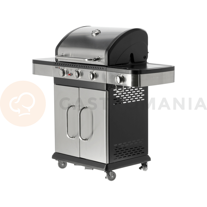 Grill gazowy YATO to nowoczesny styl i niezawodna konstrukcja.
• Elegancki design ze stali nierdzewnej pasuje do każdego ogrodu.
• Cztery wydajne palniki, w tym jeden boczny, zapewniają wszechstronność grillowania.
• Trwały, żeliwny ruszt gwarantuje równomierne pieczenie potraw.

Przygotuj pyszne posiłki z łatwością i przyjemnością!
• Płynna regulacja temperatury pozwala na precyzyjne grillowanie.
• Termometr w pokrywie zapewnia kontrolę nad temperaturą wewnątrz grilla.
• Pojemnik na tłuszcz oraz wysuwana płyta ociekowa ułatwiają czyszczenie.

Półki boczne oraz pojemna, zamykana szafka ułatwią przechowywanie przypraw i niezbędnych akcesoriów. Palnik boczny o mocy 2,2 kW umożliwi gotowanie i podgrzewanie potraw w garnku lub na patelni.
 
Zalety grillowania na grillu gazowym:
• wyjątkowy smak - wyjątkowy smak otrzymujemy dzięki odparowywaniu z potraw soków i tłuszczy. Kopuła w grillu gazowym zatrzymuje dym i nadaje im aromat
• kontrola temperatury - dzięki pokrętłom, pokrywie, kilku palnikom oraz termometrowi jesteś w stanie dopasować temperaturę do przyrządzanych mięs, warzyw i serów
• komfort pracy - w porównaniu do grilli węglowych grillowanie oraz konserwacja będzie dużo łatwiejsza. Po pierwsze dzięki szybkiemu nagrzewaniu się grilla możesz zacząć smażyć już po kilku minutach. Po drugie nie musisz dorzucać węgla, dmuchać i kontrolować wielkości płomienia. Po trzecie czyszczenie grilla gazowego jest znacznie szybsze - m.in. nie wymaga wysypywania popiołu.

Najważniejsze informacje:
• łączna moc: 11,2 kW;
• ilość palników: 3+1, czyli 3 palniki główne ze stali nierdzewnej, każdy o mocy 3 kW. 1 palnik boczny o mocy 2,2 kW;
• średnie spalanie gazu: 814 g/h (zużycie maksymalne przy działających wszystkich palnikach);
• pokrywa z termometrem zapewnia szybsze grillowanie oraz osłonę przed wiatrem, dodatkowo dym z potraw nada im odpowiedni smak i aromat;
• zapalnik piezo umieszczony po środku panelu sterowania;
• niezawodny, żeliwny ruszt szybko się nagrzewa i długo utrzymuje ciepło;
• kratka podgrzewająca nad rusztem wykonana z wysokiej jakości stali nierdzewnej;
• palnik boczny umożliwia ugotowanie lub podgrzanie zupy, przygotowanie sosów, zagotowanie wody na herbatę;
• stalowa misa odporna na działania wysokiej temperatury;
• półki boczne oraz pojemna, zamykana szafka ułatwią przechowywanie przypraw i niezbędnych akcesoriów;
• 4 obrotowe kółka z hamulcem ułatwią transport grilla;
• pojemnik na tłuszcz umieszczony pod misą;
• wyprofilowane osłony palnika (aromatyzery) z wycięciami;
• otwieracz do butelek z boku grilla;
• możliwość wysunięcia płyty ściekowej i umycia poza grillem;

Wymiary i waga:
• grill: 122 x 57 x 112 cm
• ruszt żeliwny, żebrowy: 60 x 42 cm (2 sztuki)
• kratka podgrzewająca: 57 x 12 cm
• szafka (wewnątrz) - 60 x 40 x 55/56 cm (szerokość x głębokość x wysokość)
• waga: 32 kg
• waga rusztu żebrowego: 1,4 kg + 2 kg = 3,4 kg

Materiał wykonania:
• ruszt: żeliwo
• kratka podgrzewająca: stal nierdzewna
• palnik: stal nierdzewna
• osłona palnika (aromatyzer) : stal pokryty emalią
• termometr: stal nierdzewna
• pokrywa: stal nierdzewna (S/S 430), podwójna warstwa
• misa: stal, malowana na kolor czarny, odporna na wysoką temperaturę
• panel przedni: stal nierdzewna (S/S 430)
• półki boczne (góra) : stal, malowana proszkowo na kolor czarny
• półki boczne (dekoracja) : stal nierdzewna (S/S 430)
• szafka przednia (drzwiczki) : stal nierdzewna (S/S 430), podwójna warstwa
• szafka przednia (pozostałe elementy): stal, malowana proszkowo na kolor czarny

STAL NIERDZEWNA S/S 430 należy do wysokogatunkowych stali ferrytycznych. Wysoka zawartość chromu a tym samym wysoka odporność korozyjna pozwala na zastosowanie w produktach o podwyższonym działaniu wody.

ŻELIWO - wysokowęglowy stop żelaza z węglem (ponad 2,11% węgla). Gwarantuje lepsze parametry termiczne - równomiernie się nagrzewa, doskonale przewodzi temperaturę, długo utrzymuje ciepło. Jest bardzo trwały oraz wysoce odporny na ścieranie i korozję.

Niezbędne akcesoria:
• Do grilla nie jest dołączony reduktor oraz wąż. Możliwość dokupienia reduktorów gazowych z wężem marki Vorel (99670 oraz 99671).
• Możliwość dokupienia pokrowca na grilla - model YATO YG-20050.
• Możliwość dokupienia dwustronnej płyty o wymiarach 22 x 41cm (YG-20020)

Uwaga!
W celach logistycznych grill gazowy zapakowany jest w karton. W porównaniu do wielu innych producentów panel grilla wraz z pokrywą dostarczony jest w całości, co ułatwia i przyspiesza montaż. | Zushi, Grill gazowy 3+1, stal nierdzewna 11,2 kW