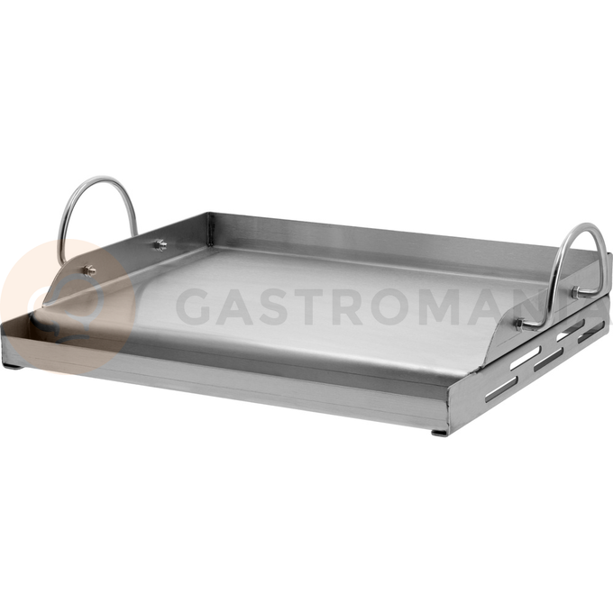 Płyta grillowa przeznaczona do wykorzystania na grillach gazowych i węglowych. Polecana do przygotowywania bekonu, jajecznicy, warzyw, krewetek, ryb, kotletów oraz produktów, których przygotowanie nie jest wygodne na ruszcie grilla. Produkt wykonany jest ze stali nierdzewnej i jest łatwy do utrzymania w czystości. Wysokie ścianki boczne ułatwiają przygotowywanie potraw. 
• wymiary: 32 x 40 cm
• materiał: stal nierdzewna 430
• wysoka akumulacja i równomierne rozprowadzanie ciepła
• nieprzywierająca powłoka
• 2 uchwyty do przenoszenia
• wgłębienie na tłuszcz i resztki jedzenia

 | YG-20023, Płyta grillowa ze stali nierdzewnej 32x40 cm