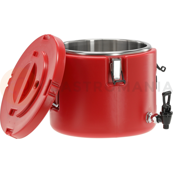 Pojemność: 15 l
Średnica zewnętrzna: 335 mm
Średnica wewnętrzna: 280 mm
Wysokość zewnętrzna: 300 mm
Wysokość wewnętrzna: 240 mm
Materiał zbiornika: stal nierdzewna
Materiał obudowy: PE
Podwójne ściany: tak
Uchwyt: x2
Zatrzaski: x4
Zawór dekompresyjny: tak
Uszczelka silikonowa: tak
Izolacja termiczna: tak
Wzrost temperatury: 4 h: -3~0 ˚C
Spadek temperatury: 4 h: 85~80 ˚C
Możliwość piętrowania: tak, o tej samej pojemności
Łatwe czyszczenie: tak
Odporność na uszkodzenia mechaniczne: tak
Odporność na działanie kwasów organicznych i detergentów: tak | YG-09231, Termos transportowy okrągły z kranikiem 15 l