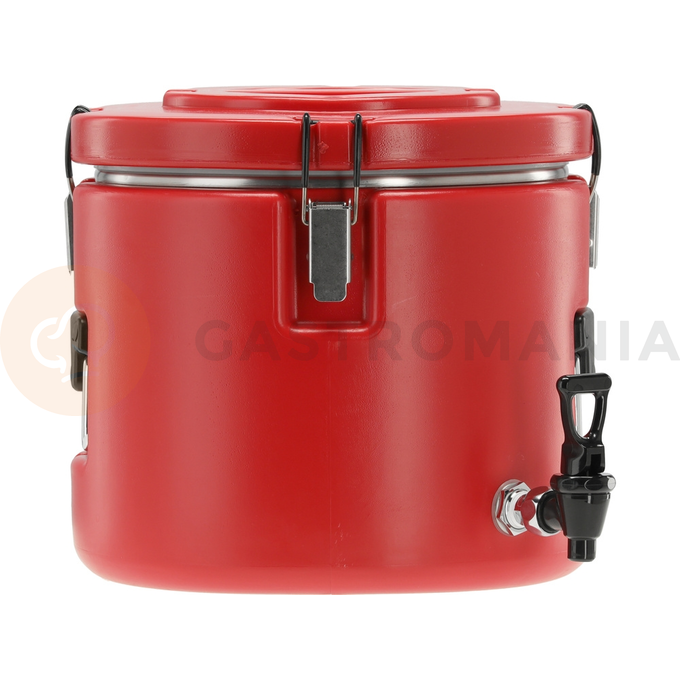 Pojemność: 15 l
Średnica zewnętrzna: 335 mm
Średnica wewnętrzna: 280 mm
Wysokość zewnętrzna: 300 mm
Wysokość wewnętrzna: 240 mm
Materiał zbiornika: stal nierdzewna
Materiał obudowy: PE
Podwójne ściany: tak
Uchwyt: x2
Zatrzaski: x4
Zawór dekompresyjny: tak
Uszczelka silikonowa: tak
Izolacja termiczna: tak
Wzrost temperatury: 4 h: -3~0 ˚C
Spadek temperatury: 4 h: 85~80 ˚C
Możliwość piętrowania: tak, o tej samej pojemności
Łatwe czyszczenie: tak
Odporność na uszkodzenia mechaniczne: tak
Odporność na działanie kwasów organicznych i detergentów: tak | YG-09231, Termos transportowy okrągły z kranikiem 15 l