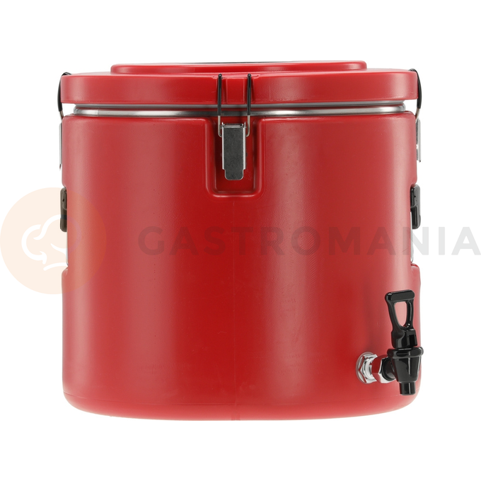 Pojemność: 30 l
Średnica zewnętrzna: 410 mm
Średnica wewnętrzna: 350 mm
Wysokość zewnętrzna: 380 mm
Wysokość wewnętrzna: 320 mm
Materiał zbiornika: stal nierdzewna
Materiał obudowy: PE
Podwójne ściany: tak
Uchwyt: x2
Zatrzaski: x4
Zawór dekompresyjny: tak
Uszczelka silikonowa: tak
Izolacja termiczna: tak
Wzrost temperatury: 4 h: -3~0 ˚C
Spadek temperatury: 4 h: 85~80 ˚C
Możliwość piętrowania: tak, o tej samej pojemności
Łatwe czyszczenie: tak
Odporność na uszkodzenia mechaniczne: tak
Odporność na działanie kwasów organicznych i detergentów: tak | YG-09233, Termos transportowy okrągły z kranikiem 30 l
