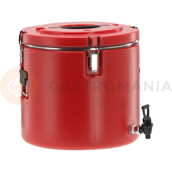 Pojemność: 30 l
Średnica zewnętrzna: 410 mm
Średnica wewnętrzna: 350 mm
Wysokość zewnętrzna: 380 mm
Wysokość wewnętrzna: 320 mm
Materiał zbiornika: stal nierdzewna
Materiał obudowy: PE
Podwójne ściany: tak
Uchwyt: x2
Zatrzaski: x4
Zawór dekompresyjny: tak
Uszczelka silikonowa: tak
Izolacja termiczna: tak
Wzrost temperatury: 4 h: -3~0 ˚C
Spadek temperatury: 4 h: 85~80 ˚C
Możliwość piętrowania: tak, o tej samej pojemności
Łatwe czyszczenie: tak
Odporność na uszkodzenia mechaniczne: tak
Odporność na działanie kwasów organicznych i detergentów: tak | YG-09233, Termos transportowy okrągły z kranikiem 30 l