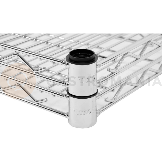 Półka regału o wymiarze 457 x 1520 mm ze stali chromowanej.
Półka Yato przeznaczona do ażurowego regału, doskonale sprawdzającego się w kuchniach, magazynach, sklepach, warsztatach. Wzmocnienie sprawia, że nośność każdej półki wynosi aż 200 kg, a całego regału - 800 kg. Chromowana powierzchnia gwarantuje ochronę przed korozją i uszkodzeniami eksploatacyjnymi, a druciana konstrukcja zapewnia produktom idealną wentylację.
• wysokość półek można swobodnie regulować na słupkach
• półka jest sprzedawana w kompletach po 4 szt
• regał nadaje się do samodzielnego montażu i jest łatwy do utrzymania w czystości
• gotowy regał składa się z 4 półek i 4 słupków - zestawy półek i słupków należy zakupić osobno
• w zestawie znajdują się 4 komplety klipsów montażowych

Informacje:
• nośność: 200 kg
• szerokość: 1520 mm
• głębokość: 457 mm
• grubość drutu: 3,4 mm
• grubość rantu: 4,6 mm
• grubość wzmocnienia półki: 6,1 mm

 | YG-09053, Półka do regału ażurowego 457x1520 mm
