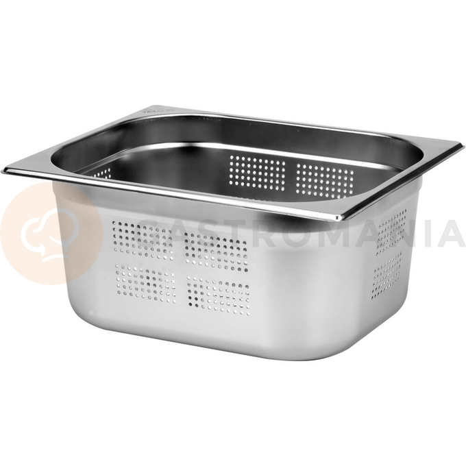 Profesjonalny pojemnik perforowany GN marki YATO ze stali nierdzewnej o wymiarach GN 1/2, 150 mm, pojemność 8,5 l. Pojemniki gastronomiczne YATO Proffesional Kitchen Equipment, przeznaczone są do profesjonalnego wykorzystania w placówkach żywienia zbiorowego. Wyprodukowano je z najwyższej jakości stali nierdzewnej typu 201, o matowej i gładkiej powierzchni, zgodnie ze standaryzacją GASTRO NORM PN-EN 631-1:1996. Pojemniki GN służą do przechowywania żywności w warunkach chłodniczych i mroźniczych - do -40°C. Idealnie nadają się również do wykorzystania w zakresie wyższych temperatur - do 300°C. Dzięki temu można je używać w technologii pieców konwekcyjno-parowych. Charakteryzuje je podwyższona odporność na uszkodzenia mechaniczne oraz działanie kwasów organicznych i detergentów. Właśnie dlatego, nadają się do mycia w zmywarkach oraz są odporne na intensywne szorowanie powierzchni. Szczególną uwagę przyłożono do detali, takich jak zaokrąglone naroża czy gładkie ranty, które zapewniają wysoki poziom bezpieczeństwa oraz higieny użytkowania. Dodatkowe przetłoczenie na obwodzie każdego pojemnika wzmacnia jego konstrukcję, zabezpieczając go przed zagnieceniami powstałymi podczas eksploatacji i umożliwia piętrowe składowanie.
 | YG-00357, Pojemnik perforowany GN ze stali nierdzewnej 1/2 150 mm