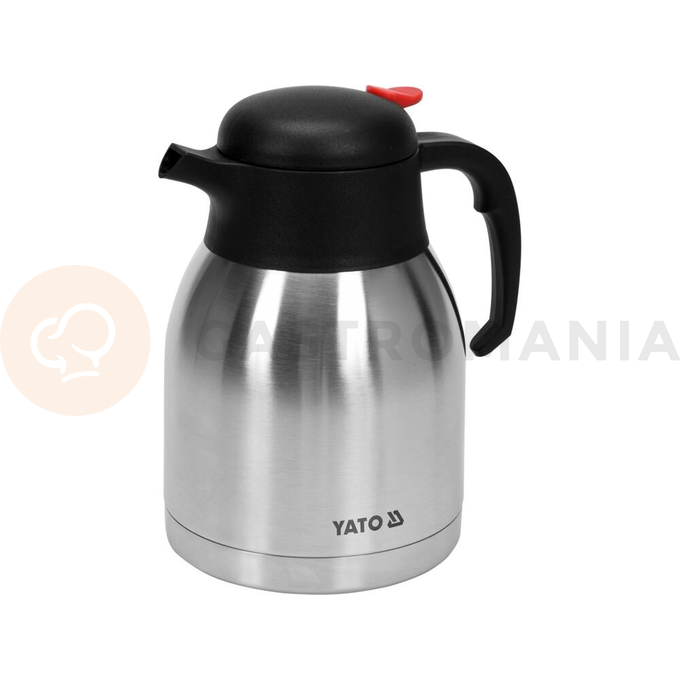Termos stołowy YATO o pojemności 1,5 L jest starannie wykonany z najwyższej jakości stali nierdzewnej.
Satynowe wykończenie nadaje mu eleganckiego wyglądu, dzięki czemu doskonale prezentuje się w salach konferencyjnych, restauracjach czy hotelach.
Podwójne ścianki, pomiędzy którymi jest strefa próżniowa, zapewniają doskonałe właściwości termoizolacyjne. Dzięki temu gorące napoje takie jak kawa czy herbata utrzymują wysoką temperaturę przez wiele godzin.
Pokrywa oraz uchwyt wykonane są z czarnego polipropylenu, a przycisk jest w kolorze czerwonym. 
 | YG-07013, Termos stołowy z przyciskiem 1,5 l